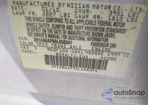 2010 Nissan Sentra 2.0Sr z USA, uszkodzony, nr VIN 3N1AB6AP9AL658341